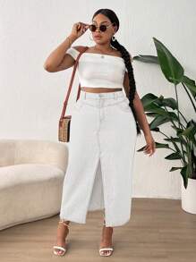 SHEIN SXY 加大碼女款分叉牛仔裙 - 白色 - 查看 3