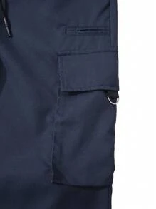 Manfinity Homme Quần Cargo cạp rút có túi cho nam, dáng dài, màu trơn, khối màu, đi chơi, mùa thu - Màu xanh hải quân - Xem 4