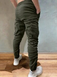 Manfinity Roughcore Men's Drawstring Waist Cargo Jogger Pants With Pockets Long Plain Army Green Going Out - Army Green - View 2