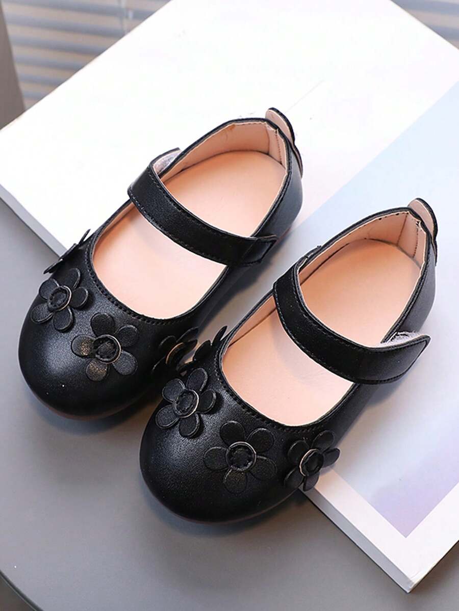 Kids' Flower Princess Style Comfortable Leather Flat Shoes For Girls - Black - View 1