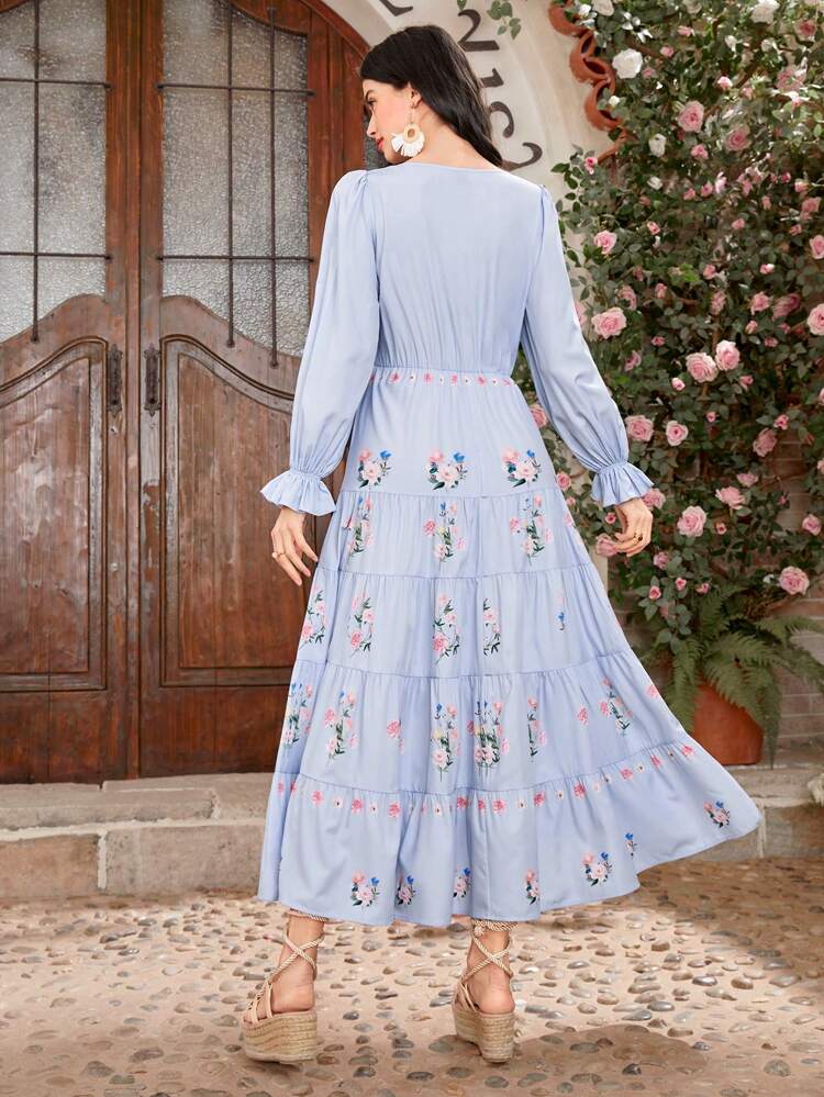 Floral Print Ruffle Sleeve A Line Dress