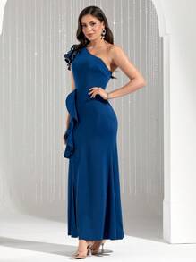 Modelyn 女士單肩鱗魚裙,鑽石裝飾,多層荷葉邊設計