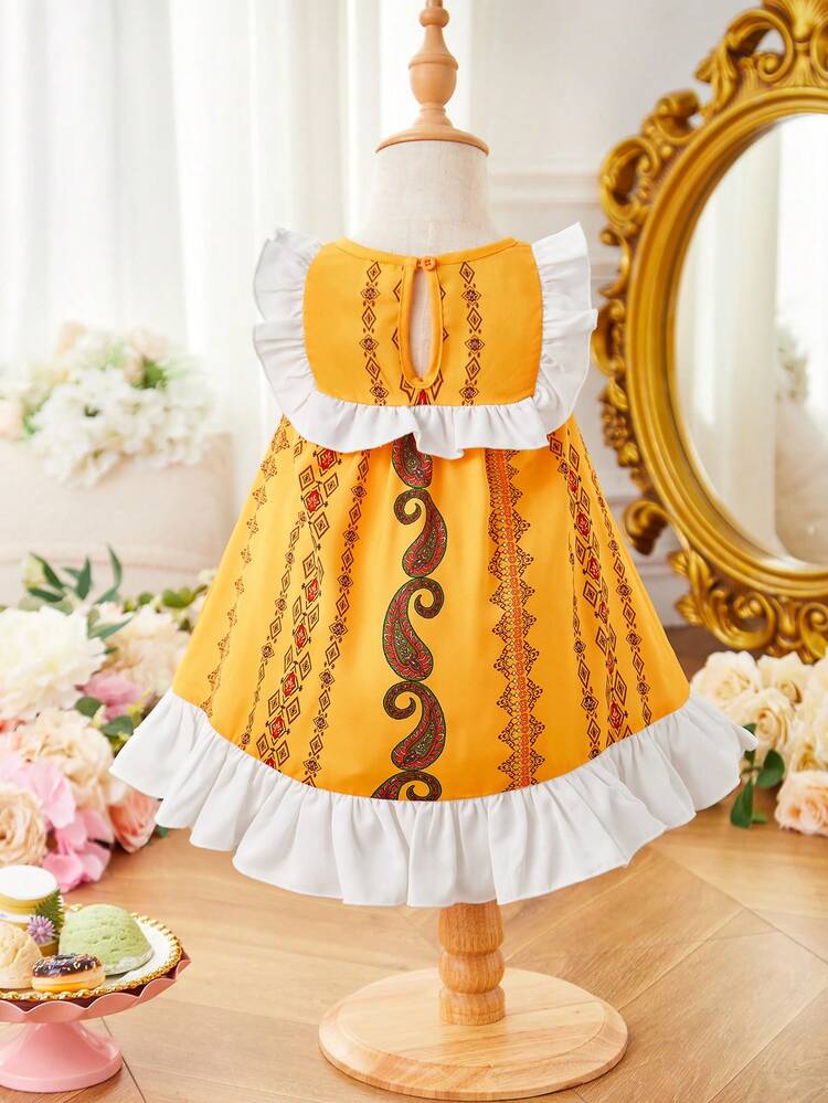 Baby Girls' Retro Geometric & Vacation Pattern Ruffle Hem Dress
