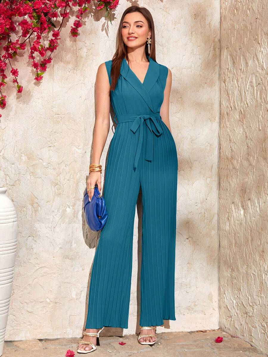 Modelyn Solid Color Sleeveless Jumpsuit With Shawl Collar - Teal Blue - View 1