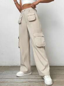 SHEIN LUNE Women's Solid Color Cargo Pants - Apricot - View 3
