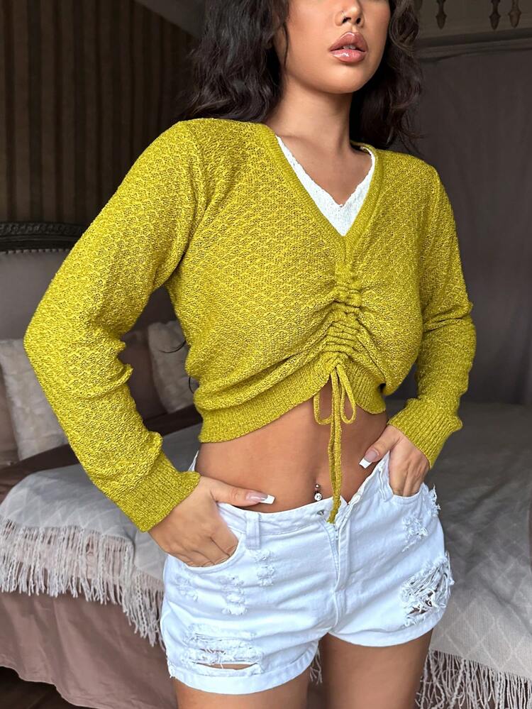 Women's Drawstring Long Sleeve Cropped Knit Pullover Fall Winter Sweater