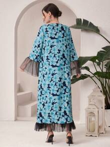 Al Najma Full Printed Mesh Contrast Flare Sleeve Arabian Dress With Floral Print - Multicolor - View 2