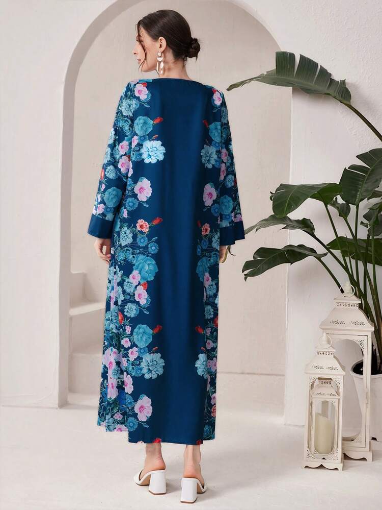 Women's Floral Printed Long Arabian Dress,Modest Full Length Jalabiya