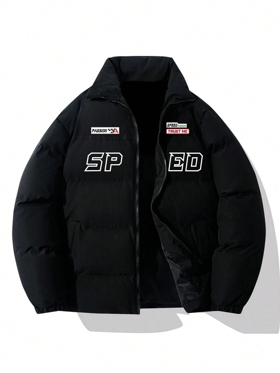 Men's Letter Print Stand Collar Padded Coat - Black - View 1