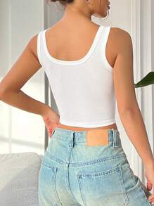 SHEIN EZwear Women's Y2K Solid Color Square Neck Ribbed Cropped Fitted Casual Versatile Tank Top - White - View 2