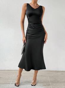 SHEIN Unity Women's Backless Draped Neckline Fish Tail Dress - Black - View 3