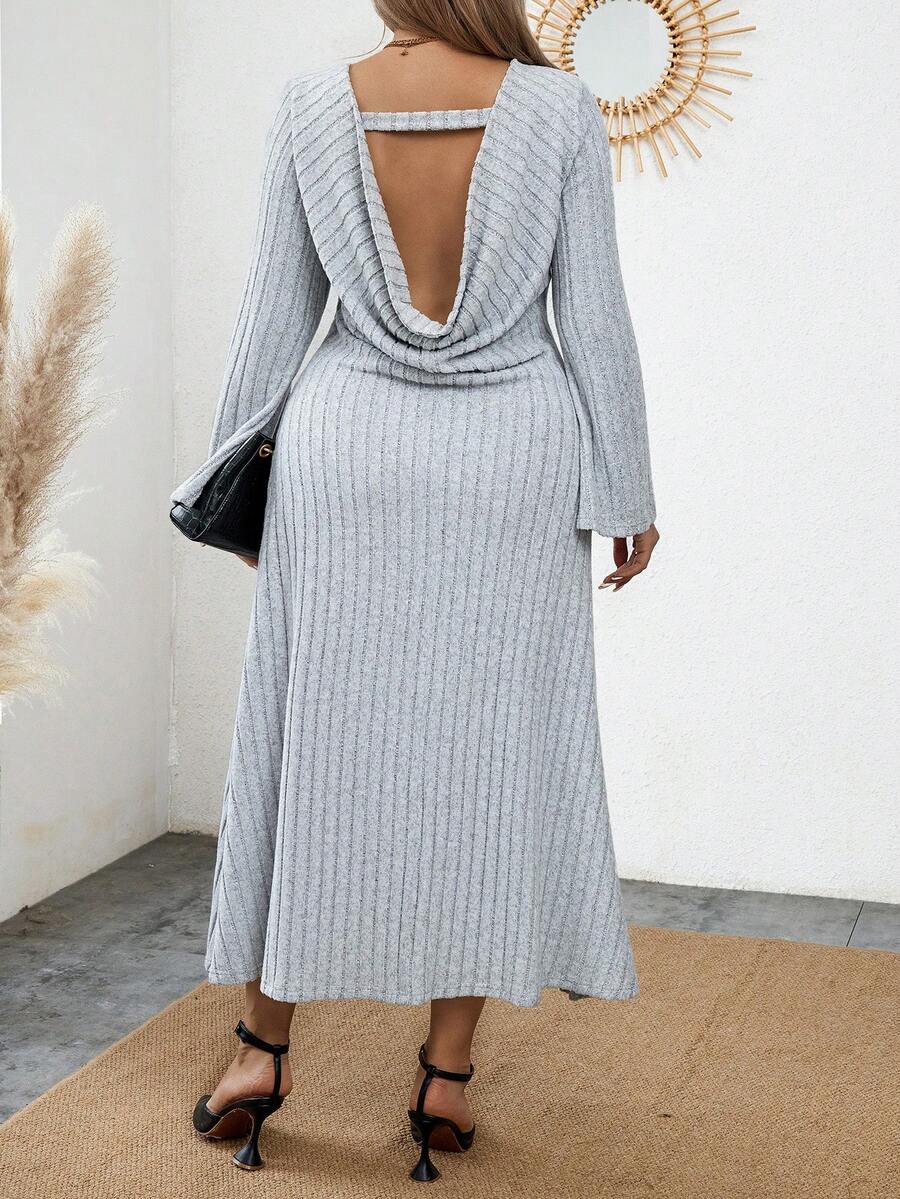 Calvaya Kích thước lớn Màu thuần Đồ đan Ribbed Xu hướng: Cắt giảm Trở lại Tay áo loe Đầm - Xám - Xem 1