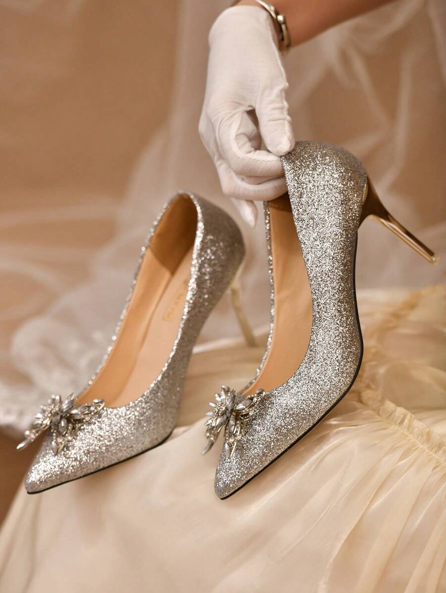 Women's High Heel Shoes Silver Stiletto Elegant Bridal Princess Wedding Evening Shoes - Silver - View 1