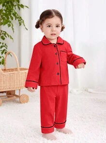 SHEIN 嬰兒女寶寶休閒拼色翻領襯衫和長褲家居套裝 - 紅色 - 查看 4