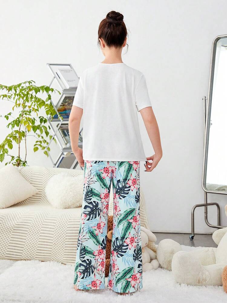 Teen Girl Knitted Solid Color Short Sleeve T-Shirt With Floral Pattern Pants Casual Homewear