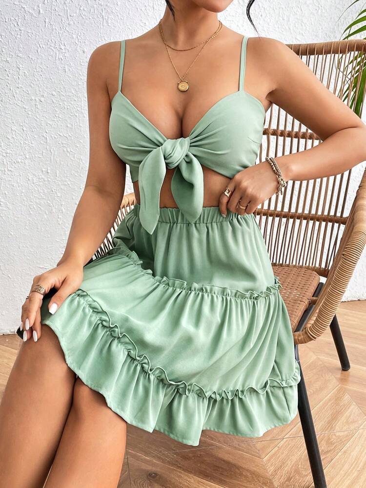 Women'S Short Front Tie Up Cami Top & Elastic Waist Skirt Set