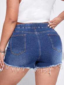 SHEIN EZwear Kích thước lớn Quần short Denim Với dây rút Eo , Chi tiết đau khổ Và Frayed Hem - Màu xanh lam - Xem 2