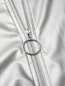 Flirla Plus Size Long Sleeve Bodysuit With Front Zipper Closure - Silver - View 4