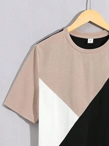 SHEIN Leap Crew Teen Boy Leisure Color Block Round Neck Loose Fit Knitted Two-Piece Set Of T-Shirt And Solid Color Shorts - Multicolor - View 4