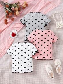 Baby Girl Heart Pattern Lettuce Trim Top - Multicolor - View 2