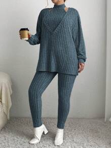 SHEIN Essnce 大尺碼純色針織2入組套裝 - 水鴨藍 - 查看 5