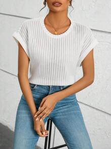 SHEIN Essnce Của phụ nữ Mùa hè giản dị tay cánh Textured Trắng Áo thun - trắng - Xem 1