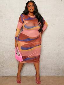 Slaydiva 大碼立領長袖透視連衣裙 - 橘色 - 查看 4