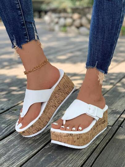 Europäische Und Amerikanische Flip-flops Für Damen Mit Schnallen-dekoration, Lässiger Fashion Wide-band Keilabsatz Und Dicke Sohle Sandalen