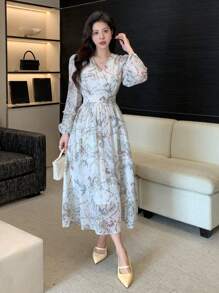DAZY Đầm dài tay cổ chữ V in họa tiết cây cỏ dành cho nữ, thích hợp mặc đi nghỉ mát. - trắng - Xem 1