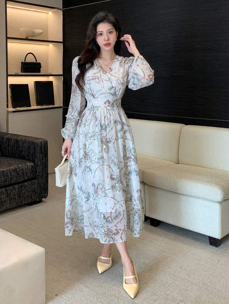 DAZY Đầm dài tay cổ chữ V in họa tiết cây cỏ dành cho nữ, thích hợp mặc đi nghỉ mát. - trắng - Xem 1