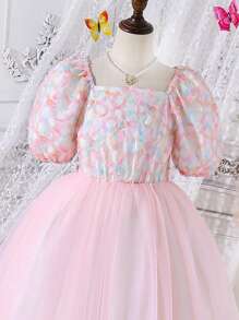 Girls' Square Neck Puff Sleeve Mesh Dress (For Tween Girls) - Multicolor - View 3