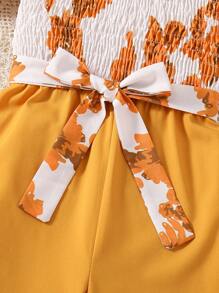 Tween Girl Jumpsuit With Large Flower Prints And Belt - Yellow - View 3