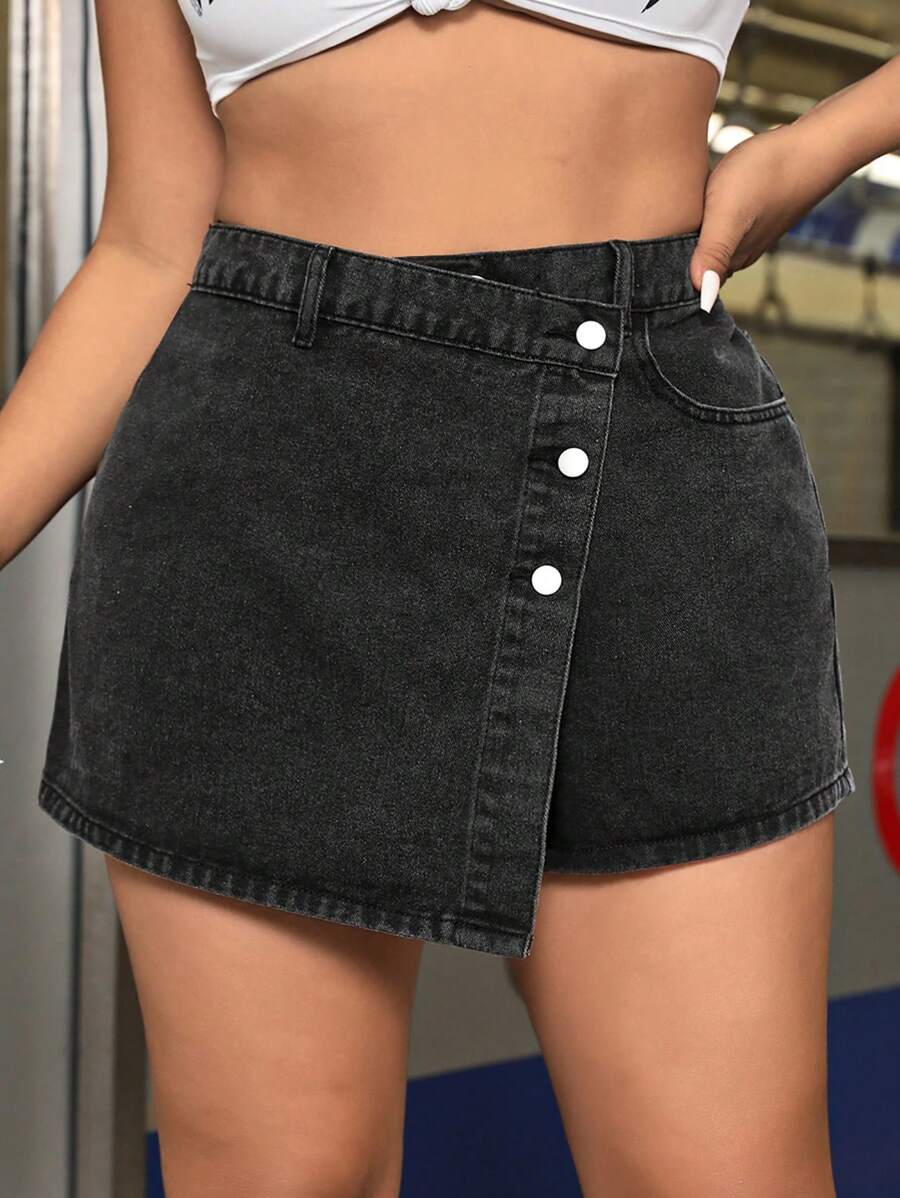 SHEIN ICON 大码女式不对称腰部牛仔短裙 - 黑色 - 查看 1