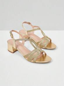 Styleloop Champagne Women's Thick High Heel Open Toe Round Toe Sandals, French Style Resort Season High Heel Sandals For Summer Vacation Shoes Summer Boho Feels Vintage Cottagecore Frenchy Shoes Spring Shoes Spring Break Easter