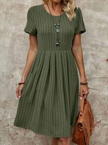 EMERY ROSE Váy dài vừa phải màu xanh quân đội cổ tròn tay ngắn dành cho nữ mùa hè - màu xanh lá - Xem 3