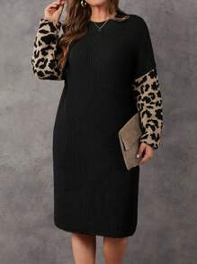 SHEIN LUNE Plus Size Women's Leopard Print Long Sleeve Sweater Dress - Black - View 4