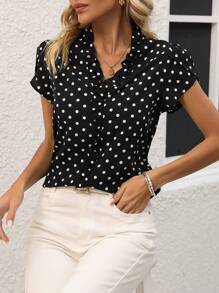 EMERY ROSE 女士波點襯衫,帶褶邊修飾 - 黑與白 - 查看 6