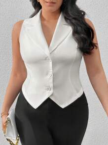 SHEIN Privé Áo vest vest cổ bẻ, viền tam giác ngược, dáng ôm, màu trắng, cỡ lớn, thanh lịch cho mùa thu/đông - trắng - Xem 1