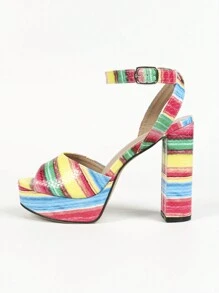 女式踝扣粗跟高平台涼鞋,色塊高跟涼鞋 - 彩色 - 查看 5