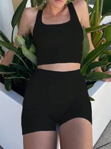 SHEIN Women's Plain Crop Top And Shorts Two Pieces Set - Black - View 4