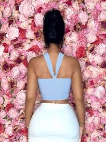 SHEIN SXY 情人节不对称花卉印花挂脖上衣 - 淺藍色 - 查看 2