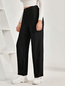 SHEIN Frenchy Women's Solid Color Straight Leg Pants - Black - View 4
