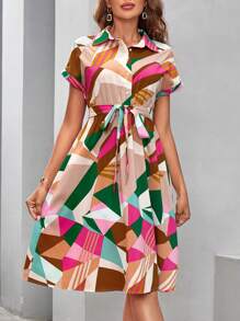 SHEIN Clasi Women's Color Block Geometric Printed Belted Dress For Spring,Summer