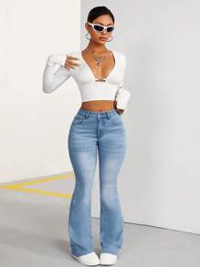 SHEIN PETITE 女性修身飛梭牛仔褲 - 藍色 - 查看 5