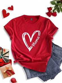SHEIN LUNE Plus Size Loose Fit Round Neck Short Sleeve Heart Print Casual Women T-Shirt - Red - View 1