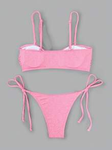 SHEIN Swim Solid Colored Ruffled Side Tied Swimwear Set Valentine Summer - Pink - View 5