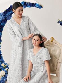 SHEIN Tween Girls' Patchwork Lace Trim Ribbon Puff Sleeve V-Neck Dress - Multicolor - View 7