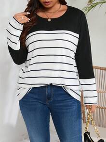 SHEIN LUNE Kích thước lớn Của phụ nữ Vòng cổ Sọc Tay áo dài Áo thun - Đen và trắng - Xem 4