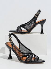 Women's High Heel Nightclub Outdoor Fashionable High-End Stiletto Pointed Toe Net Yarn Black Stone Pattern Sexy Ankle Strap Sandals,Kitten Heels,Summer Outfits - Black - View 3
