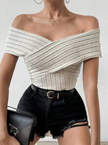 SHEIN Essnce Drop Shoulder Cross Wrap Ribbed Knit T-Shirt - Khaki - View 1